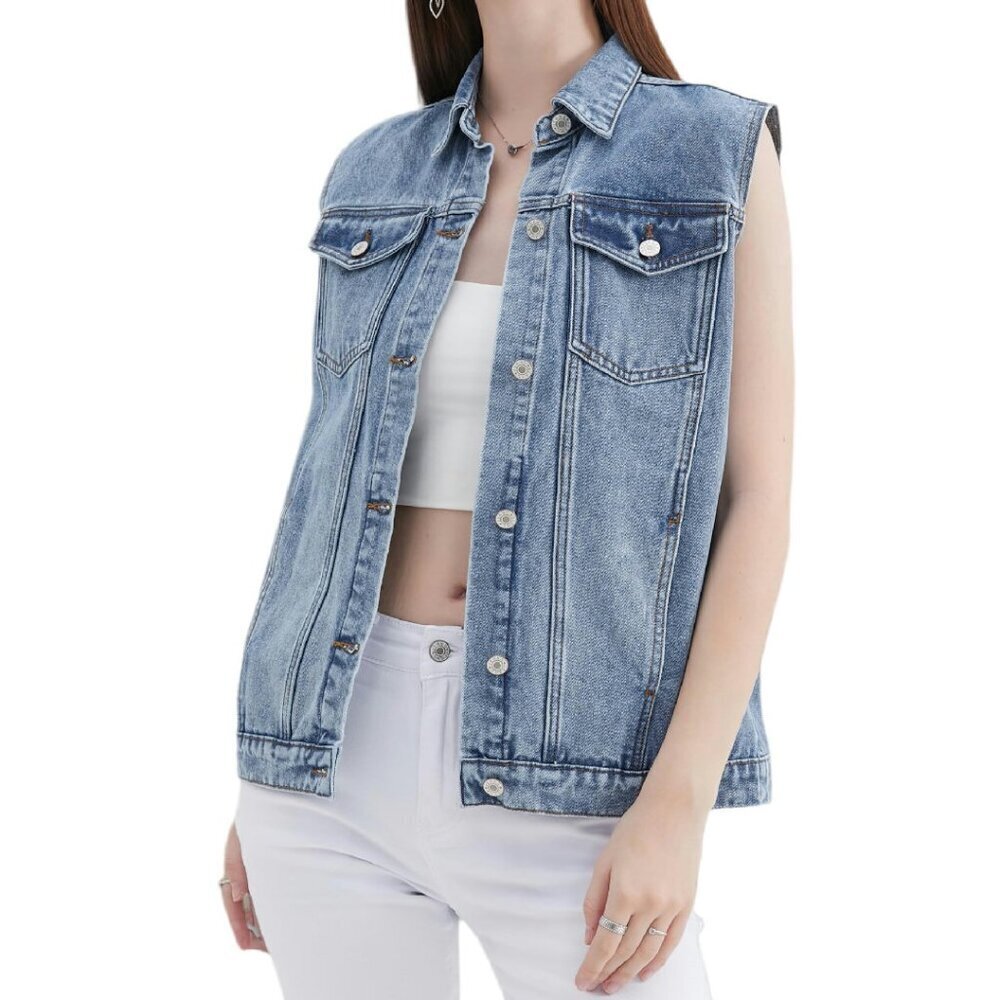 Denim Vest Sleeveless Loose Fit Button Front Pockets Size M